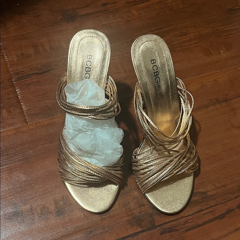 BCBG Metallic Rose Gold Strappy Heels